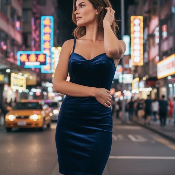 Ambiance Navy Blue Velvet Bodycon Dress | Spaghetti Strap Date Night Dress - Picture 3 of 9